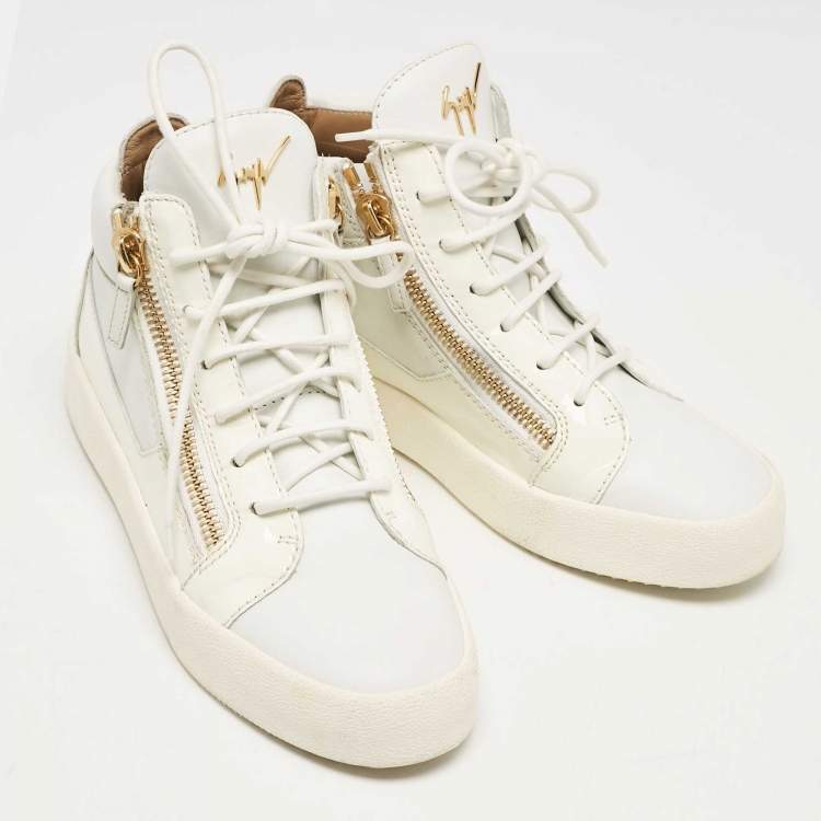 Pre Owned Giuseppe Zanotti White Leather and Patent Leather London High Top Sneakers Size 39.5