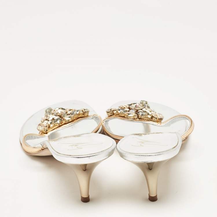 Pre Owned Giuseppe Zanotti Silver Leather Slide Crystal Embellished Sandals Size 38.5
