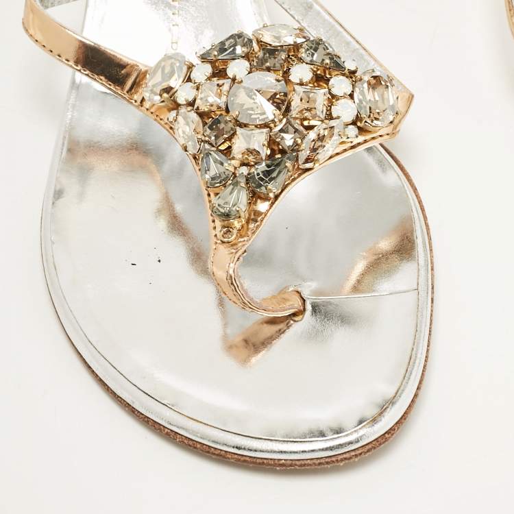 Pre Owned Giuseppe Zanotti Silver Leather Slide Crystal Embellished Sandals Size 38.5