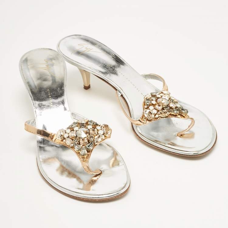 Pre Owned Giuseppe Zanotti Silver Leather Slide Crystal Embellished Sandals Size 38.5