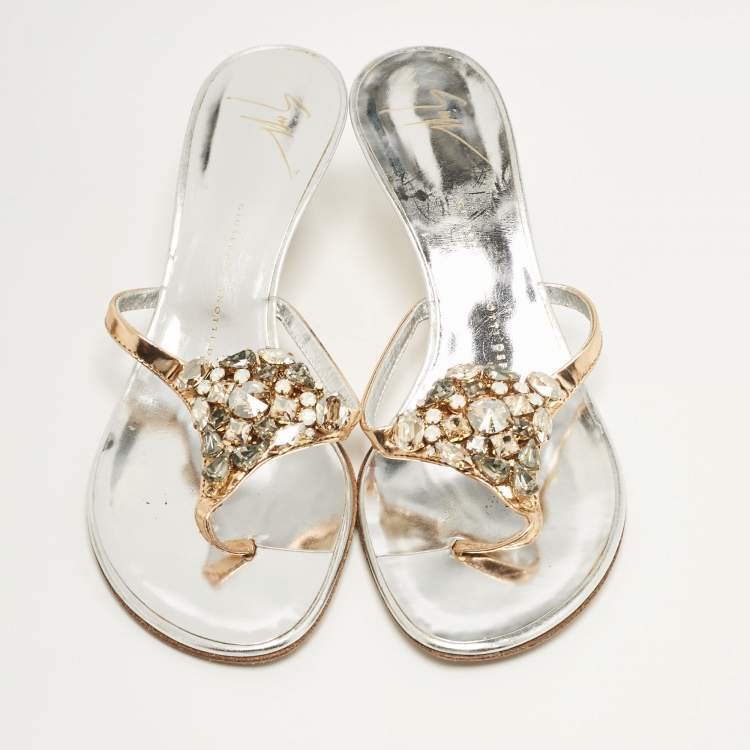 Pre Owned Giuseppe Zanotti Silver Leather Slide Crystal Embellished Sandals Size 38.5