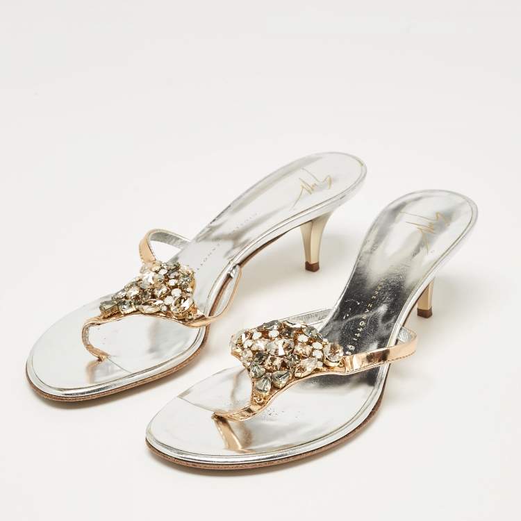 Pre Owned Giuseppe Zanotti Silver Leather Slide Crystal Embellished Sandals Size 38.5