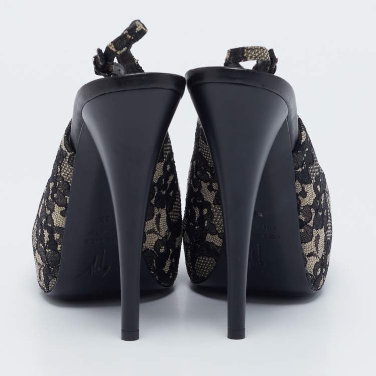 Pre Owned Giuseppe Zanotti Black/Beige Lace Peep Toe Slingback Platform Sandals Size 39