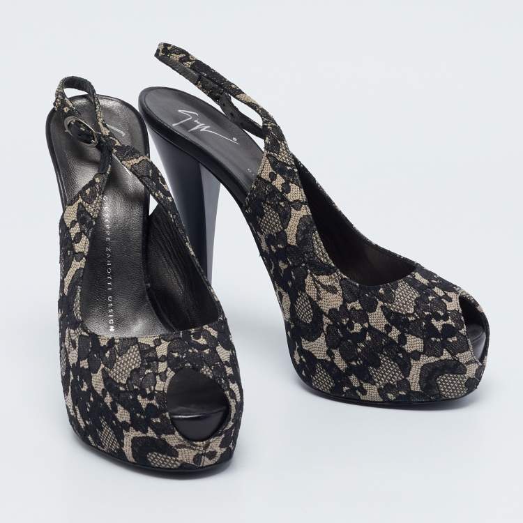 Pre Owned Giuseppe Zanotti Black/Beige Lace Peep Toe Slingback Platform Sandals Size 39