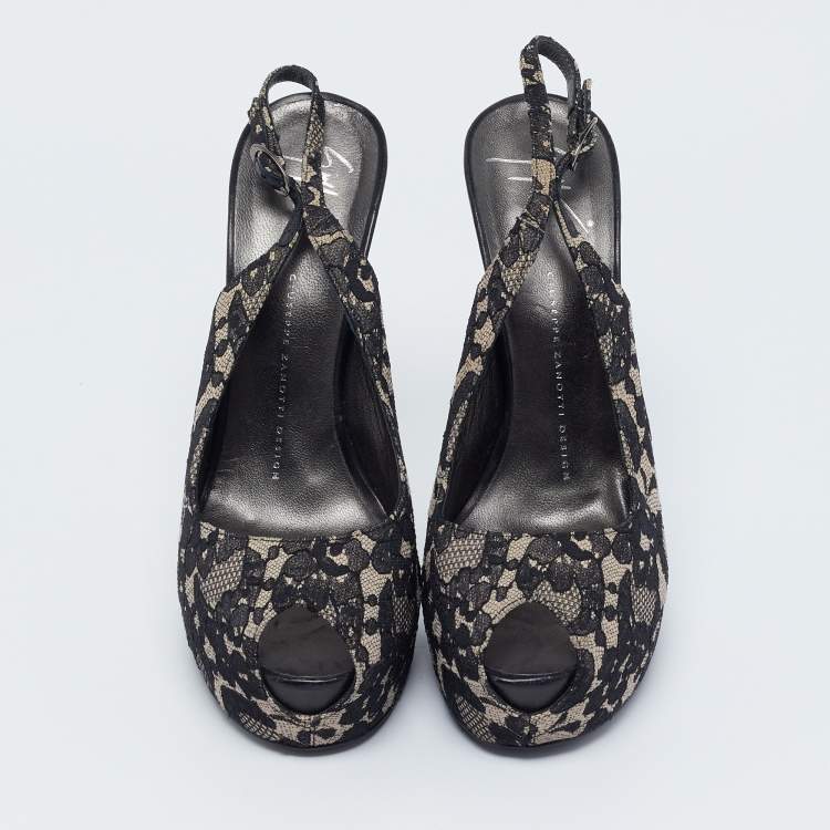 Pre Owned Giuseppe Zanotti Black/Beige Lace Peep Toe Slingback Platform Sandals Size 39