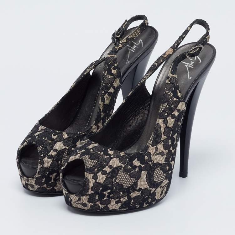 Pre Owned Giuseppe Zanotti Black/Beige Lace Peep Toe Slingback Platform Sandals Size 39