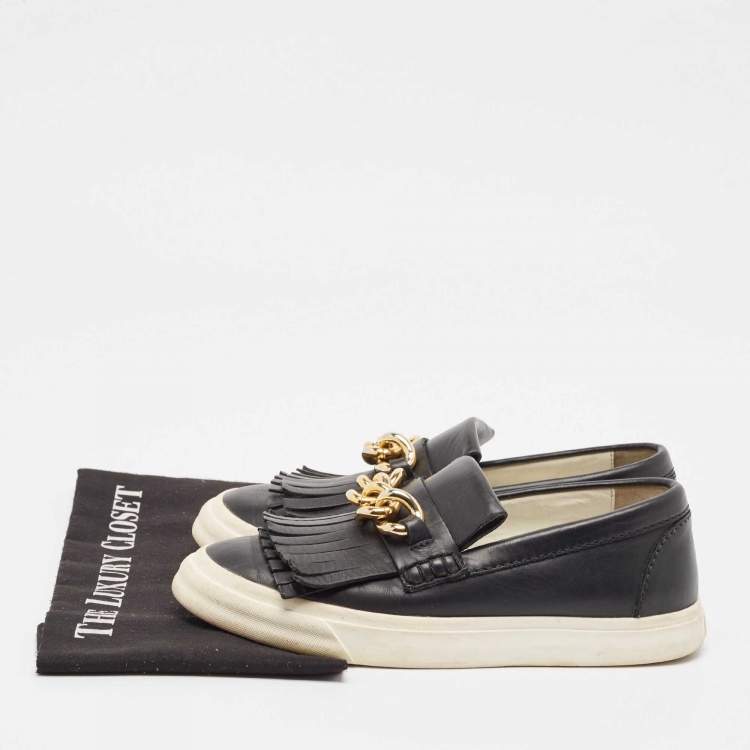 Pre Owned Giuseppe Zanotti Black Fringed Leather Slip On Sneakers Size 38