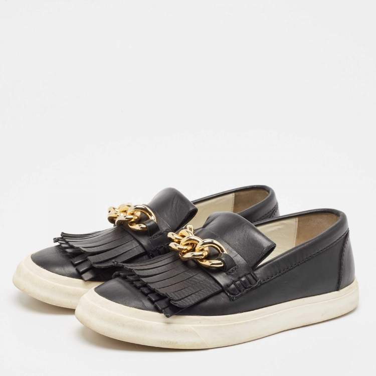 Pre Owned Giuseppe Zanotti Black Fringed Leather Slip On Sneakers Size 38