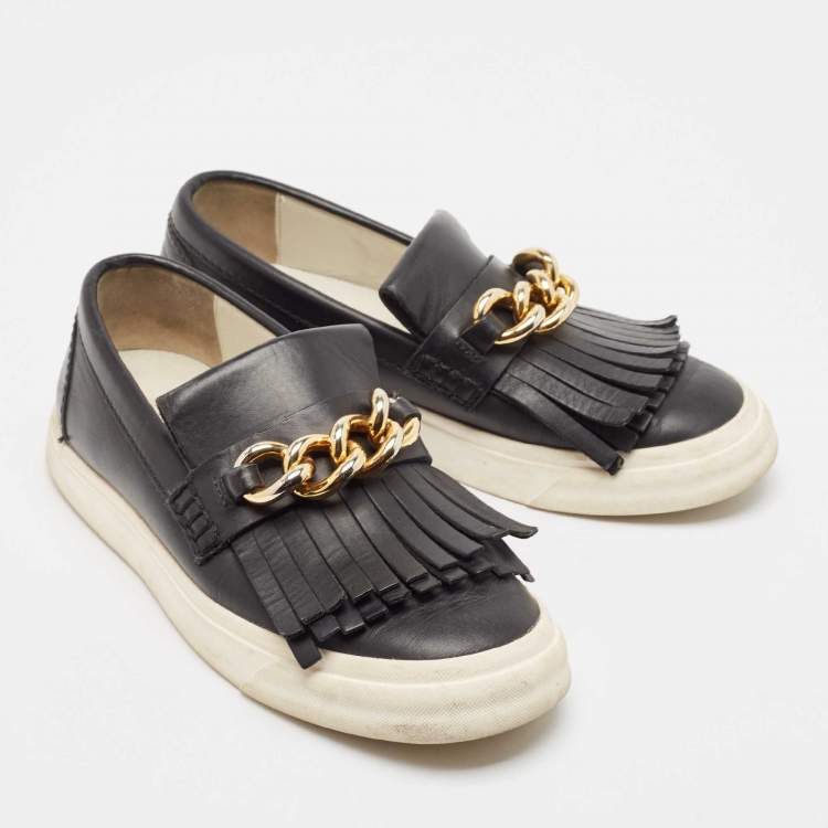Pre Owned Giuseppe Zanotti Black Fringed Leather Slip On Sneakers Size 38