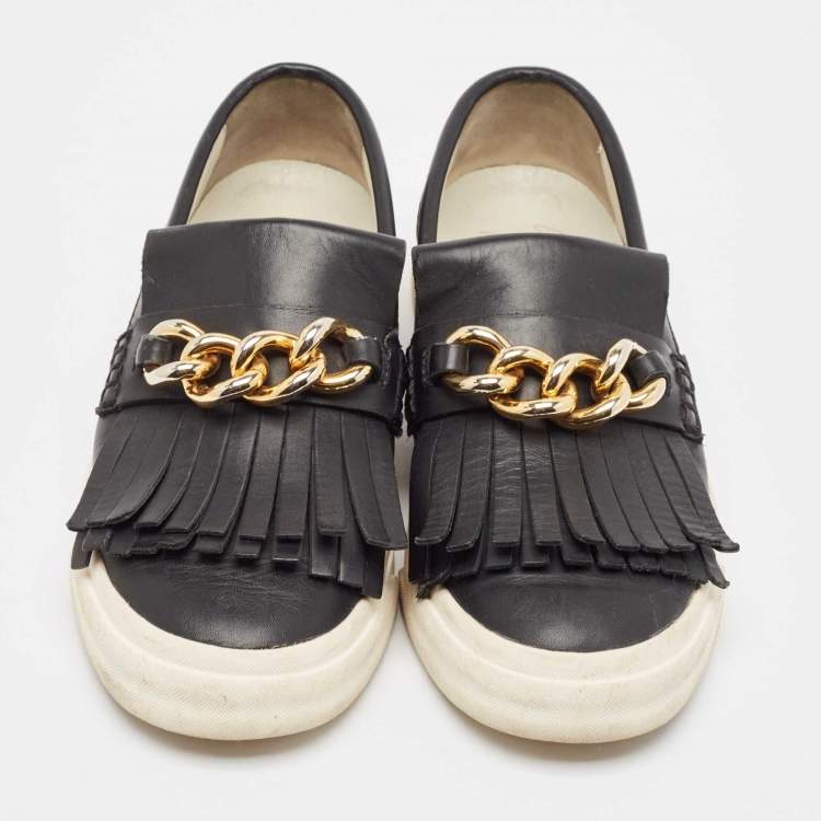 Pre Owned Giuseppe Zanotti Black Fringed Leather Slip On Sneakers Size 38