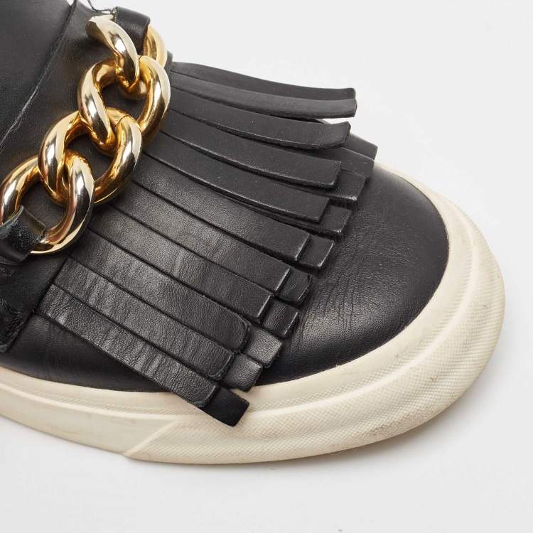 Pre Owned Giuseppe Zanotti Black Fringed Leather Slip On Sneakers Size 38