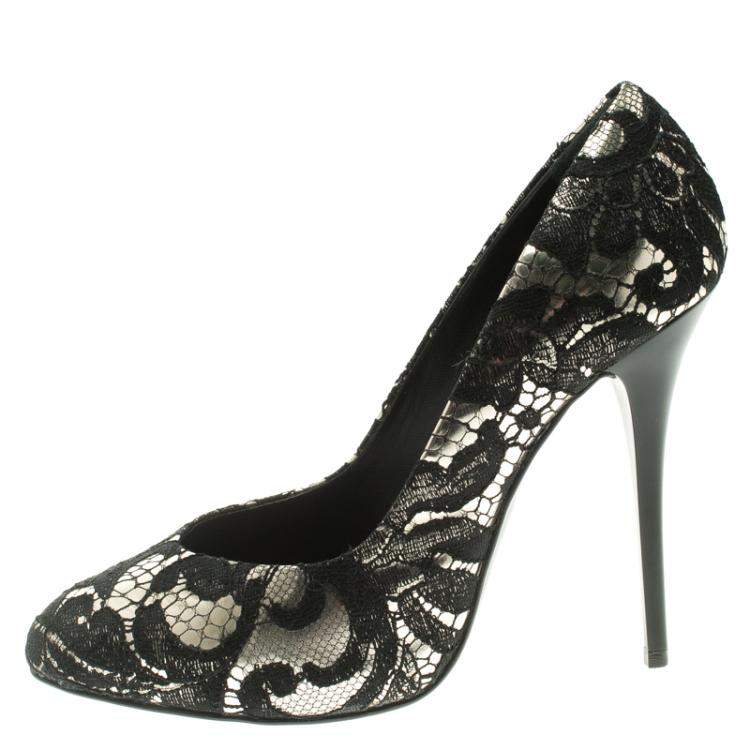 Pre Owned Giuseppe Zanotti Silver Metallic Leather and Black Lace Pumps Size 37
