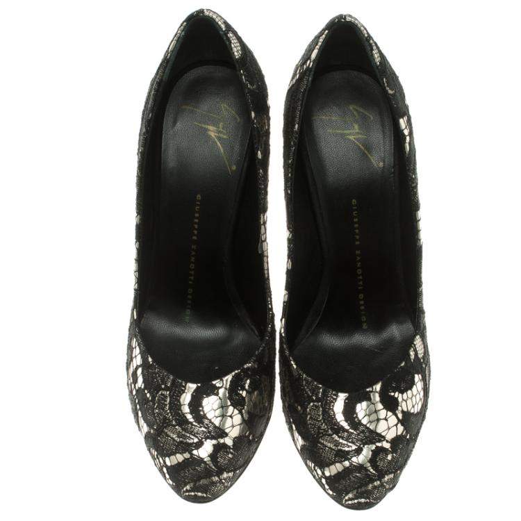 Pre Owned Giuseppe Zanotti Silver Metallic Leather and Black Lace Pumps Size 37
