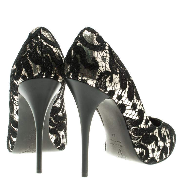Pre Owned Giuseppe Zanotti Silver Metallic Leather and Black Lace Pumps Size 37