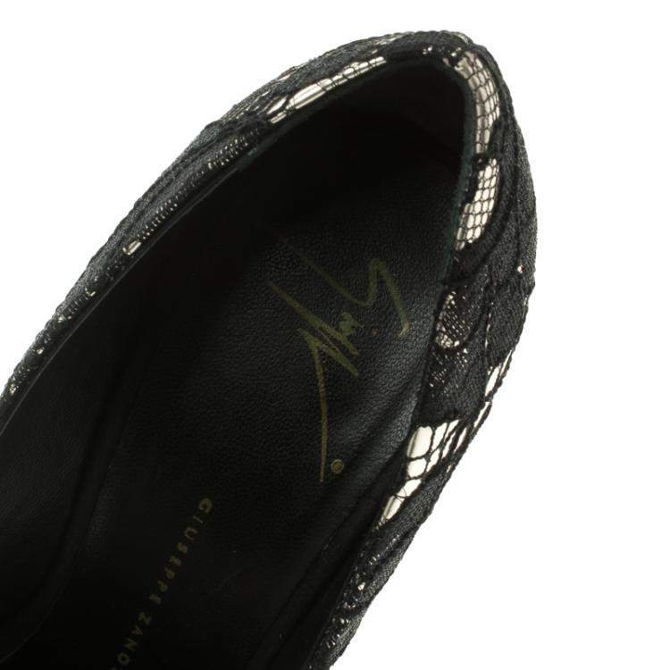 Pre Owned Giuseppe Zanotti Silver Metallic Leather and Black Lace Pumps Size 37