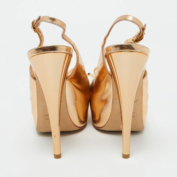 Pre Owned Giuseppe Zanotti Gold Leather Peep Toe Platform Slingback Sandals Size 38.5