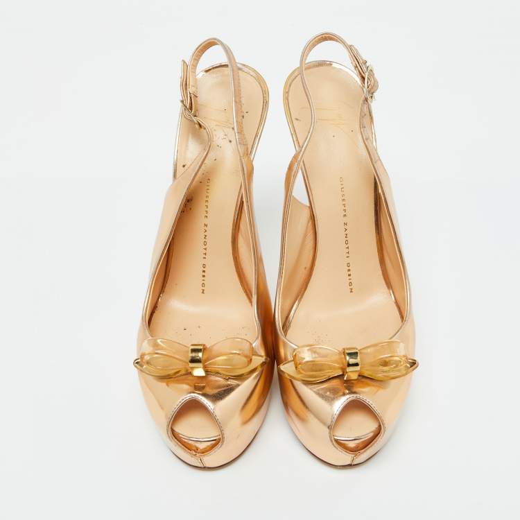 Pre Owned Giuseppe Zanotti Gold Leather Peep Toe Platform Slingback Sandals Size 38.5