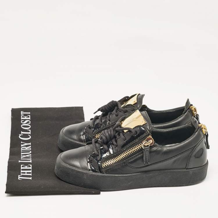 Pre Owned Giuseppe Zanotti Black Leather and Patent Leather Frankie Lace Up Sneakers Size 36