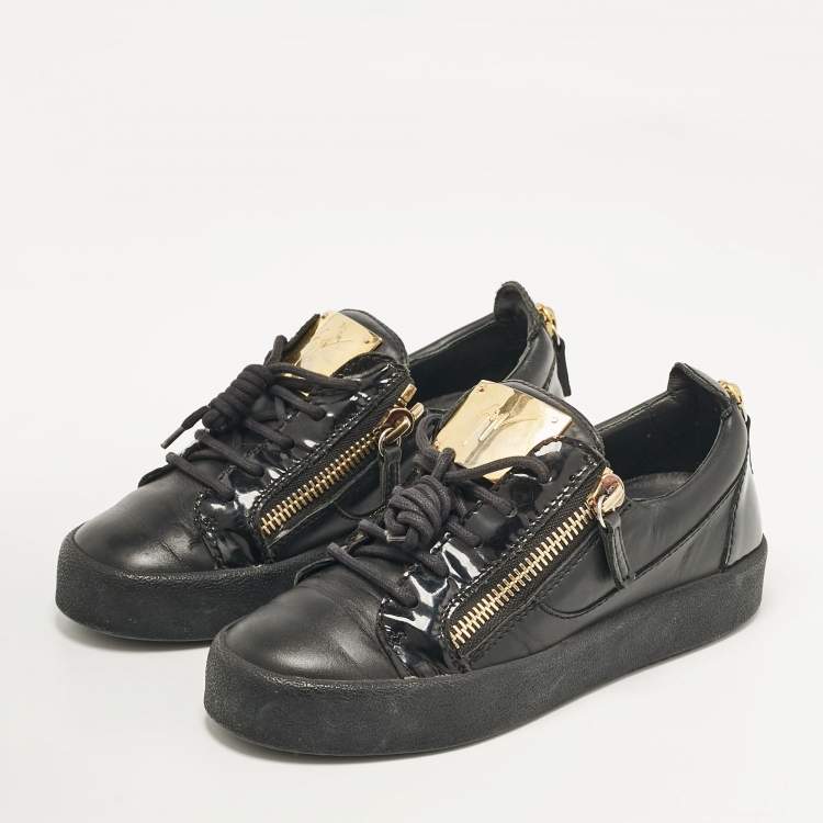 Pre Owned Giuseppe Zanotti Black Leather and Patent Leather Frankie Lace Up Sneakers Size 36