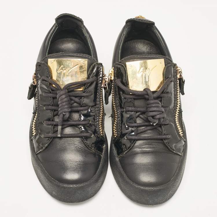 Pre Owned Giuseppe Zanotti Black Leather and Patent Leather Frankie Lace Up Sneakers Size 36