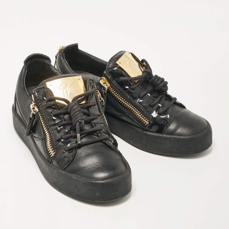 Pre Owned Giuseppe Zanotti Black Leather and Patent Leather Frankie Lace Up Sneakers Size 36