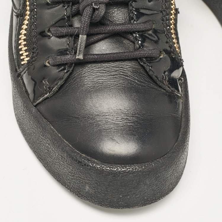 Pre Owned Giuseppe Zanotti Black Leather and Patent Leather Frankie Lace Up Sneakers Size 36