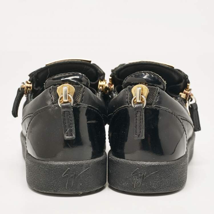 Pre Owned Giuseppe Zanotti Black Leather and Patent Leather Frankie Lace Up Sneakers Size 36