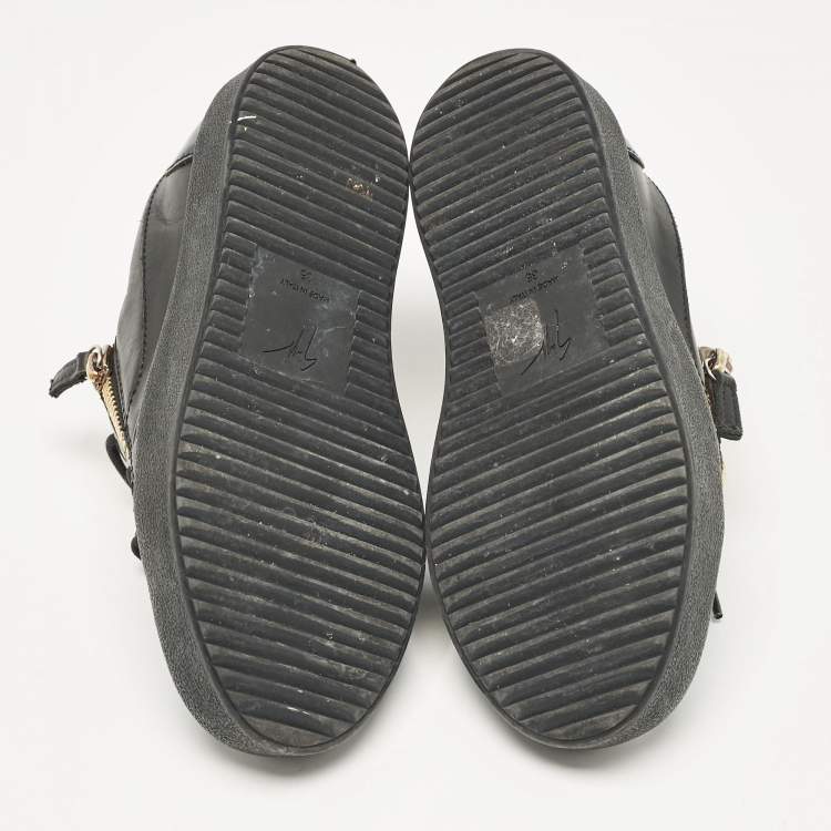 Pre Owned Giuseppe Zanotti Black Leather and Patent Leather Frankie Lace Up Sneakers Size 36