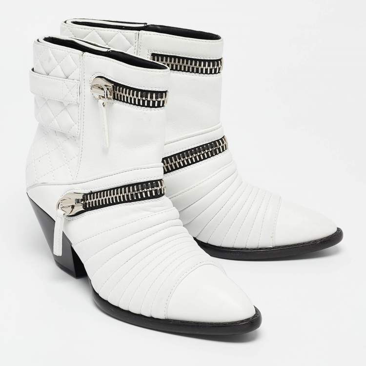 Pre Owned Giuseppe Zanotti White Quilted Leather Moto Boots Size 38