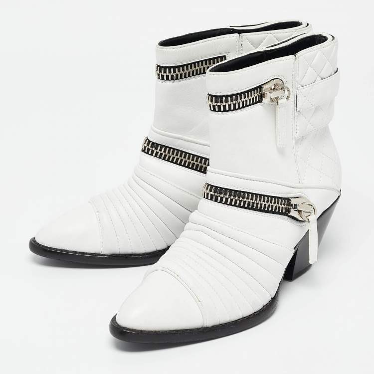 Pre Owned Giuseppe Zanotti White Quilted Leather Moto Boots Size 38