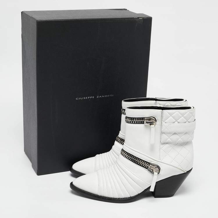 Pre Owned Giuseppe Zanotti White Quilted Leather Moto Boots Size 38