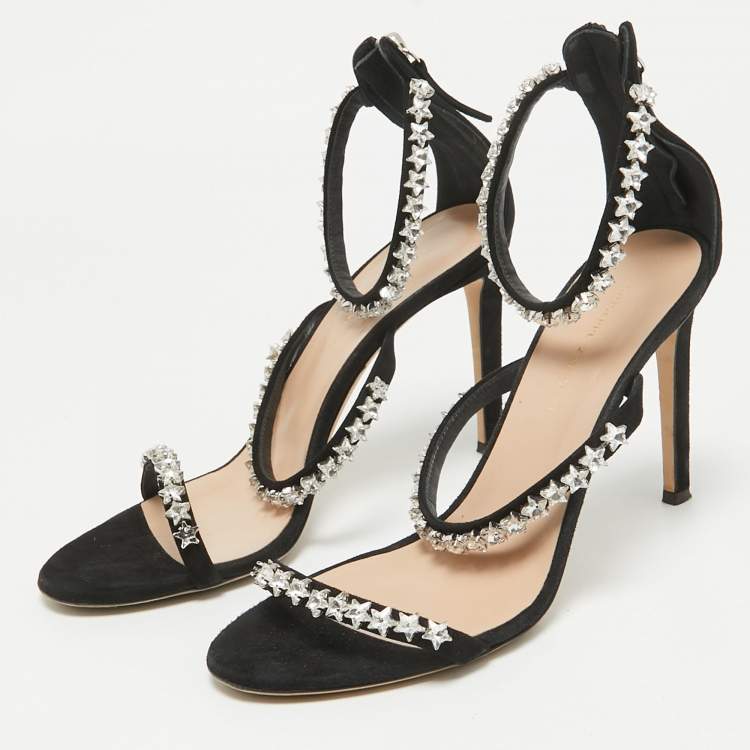 Pre Owned Giuseppe Zanotti Black Suede Star Crystal Harmony Sandals Size 39.5