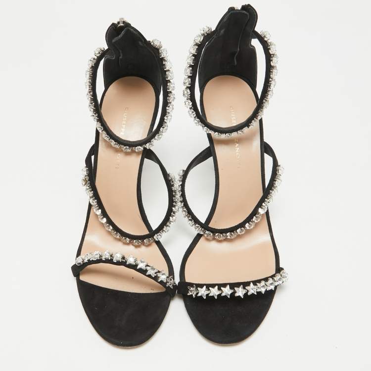 Pre Owned Giuseppe Zanotti Black Suede Star Crystal Harmony Sandals Size 39.5