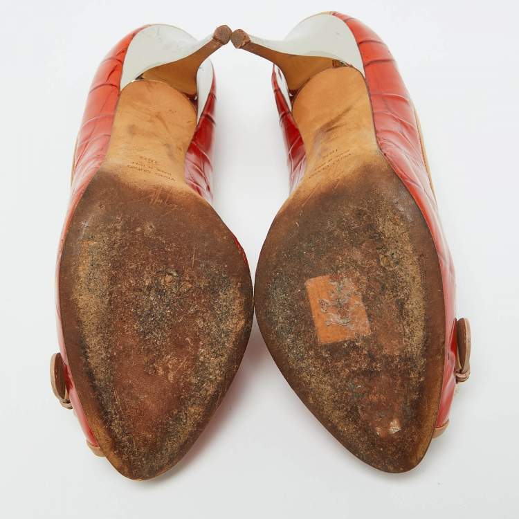 Pre Owned Giuseppe Zanotti Orange Croc Embossed Leather Buckle Detail Peep Toe Pumps Size 38.5
