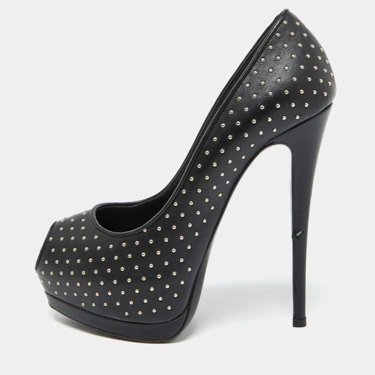 Pre Owned Giuseppe Zanotti Black Leather Studded Peep Toe Platform Pumps Size 37