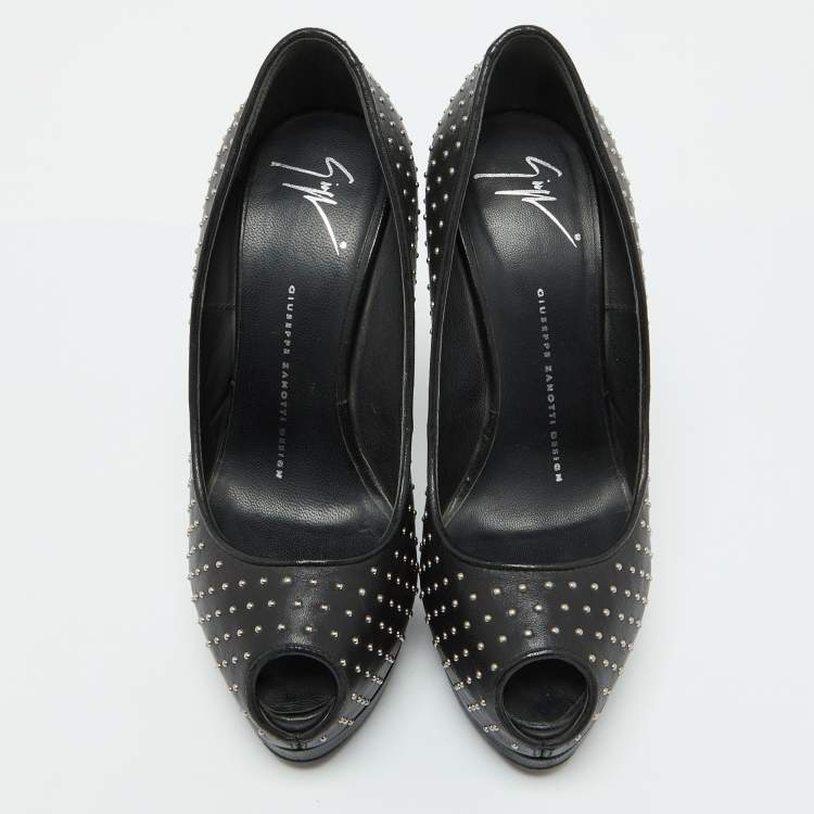 Pre Owned Giuseppe Zanotti Black Leather Studded Peep Toe Platform Pumps Size 37
