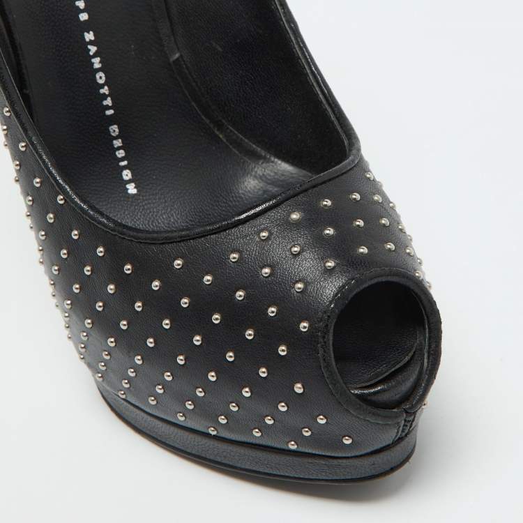 Pre Owned Giuseppe Zanotti Black Leather Studded Peep Toe Platform Pumps Size 37