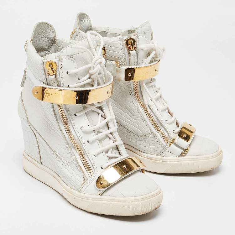 Pre Owned Giuseppe Zanotti Grey Croc Embossed Leather Coby High Top Sneakers Size 38