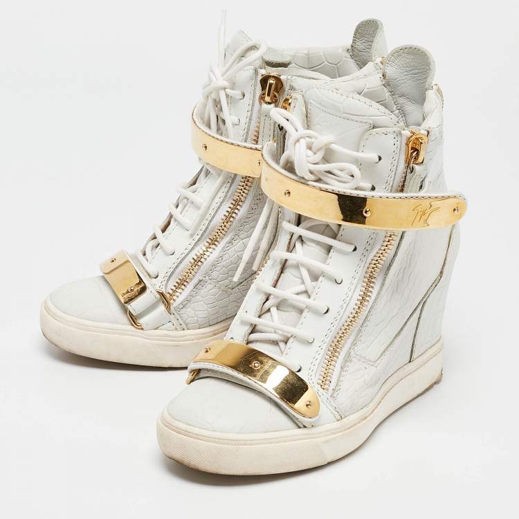 Pre Owned Giuseppe Zanotti Grey Croc Embossed Leather Coby High Top Sneakers Size 38