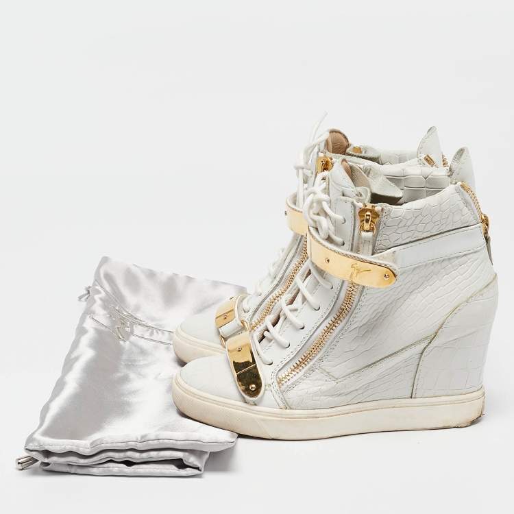 Pre Owned Giuseppe Zanotti Grey Croc Embossed Leather Coby High Top Sneakers Size 38