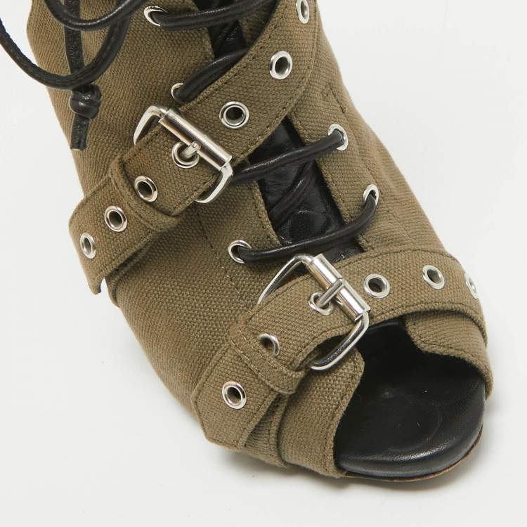 Pre Owned Giuseppe Zanotti Green Canvas Cutout Ankle Length Boots Size 37.5
