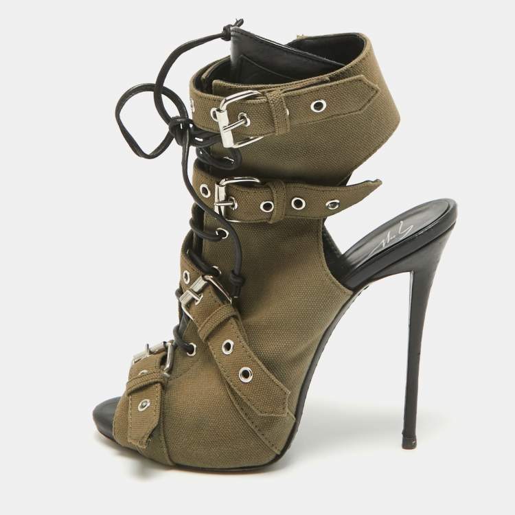 Pre Owned Giuseppe Zanotti Green Canvas Cutout Ankle Length Boots Size 37.5