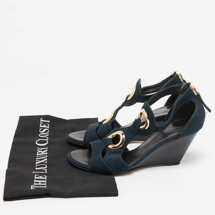 Pre Owned Giuseppe Zanotti Blue Canvas Wedge Sandals Size 36