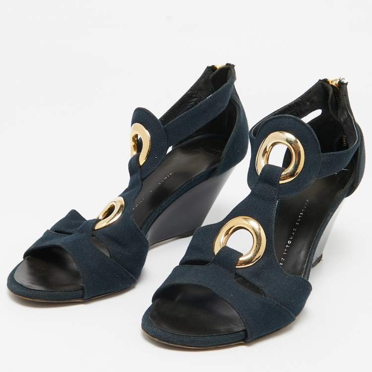Pre Owned Giuseppe Zanotti Blue Canvas Wedge Sandals Size 36