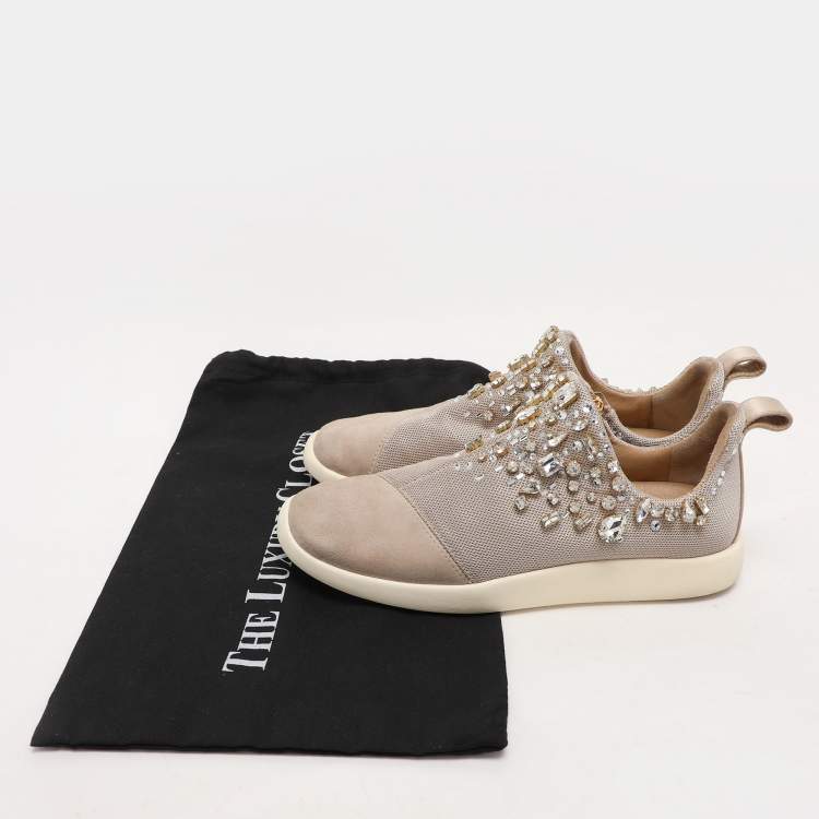 Pre Owned Giuseppe Zanotti Grey/Beige Crystal Embellished Suede And Mesh May London Slip On Sneakers Size 39