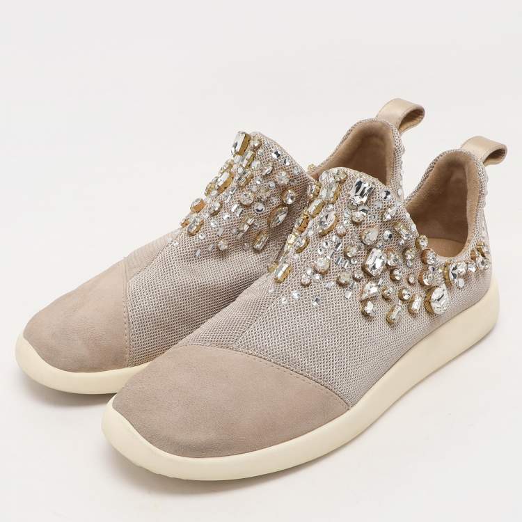 Pre Owned Giuseppe Zanotti Grey/Beige Crystal Embellished Suede And Mesh May London Slip On Sneakers Size 39