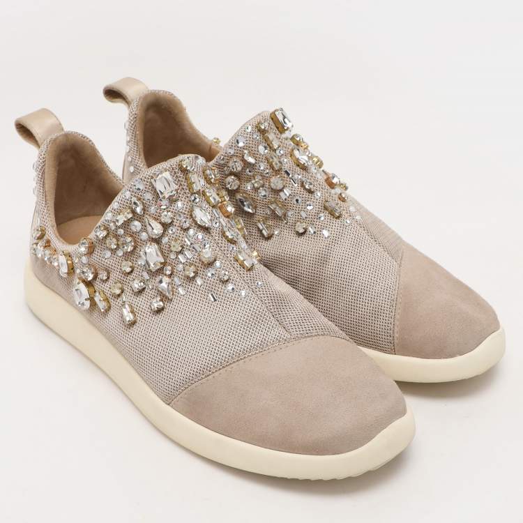 Pre Owned Giuseppe Zanotti Grey/Beige Crystal Embellished Suede And Mesh May London Slip On Sneakers Size 39