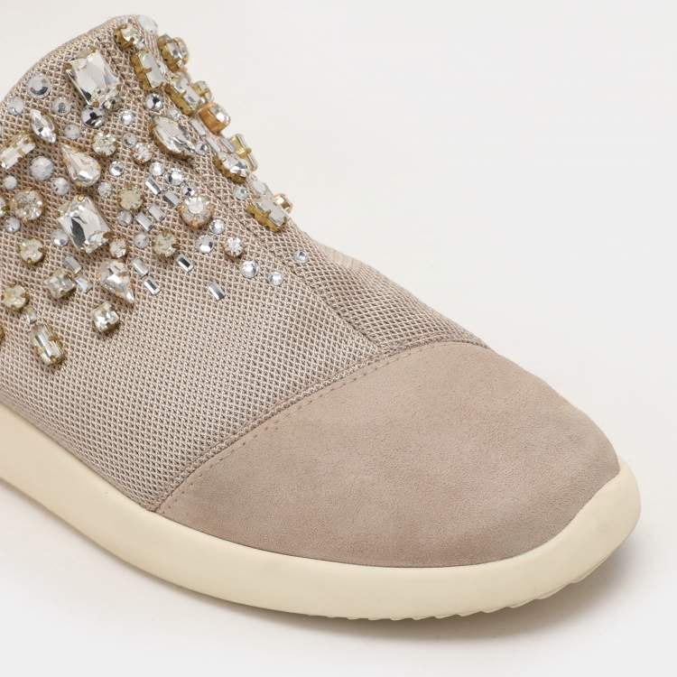Pre Owned Giuseppe Zanotti Grey/Beige Crystal Embellished Suede And Mesh May London Slip On Sneakers Size 39