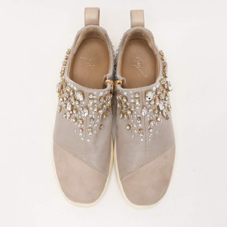 Pre Owned Giuseppe Zanotti Grey/Beige Crystal Embellished Suede And Mesh May London Slip On Sneakers Size 39