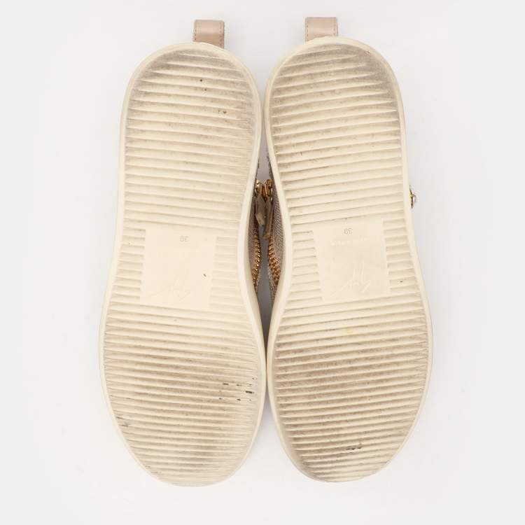 Pre Owned Giuseppe Zanotti Grey/Beige Crystal Embellished Suede And Mesh May London Slip On Sneakers Size 39
